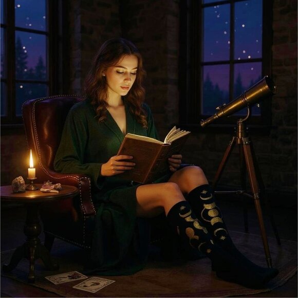 Lunar Phase Thigh High Socks w/ Gold Moon Design – Stargazer Ritual Edition - Picture 2 of 3